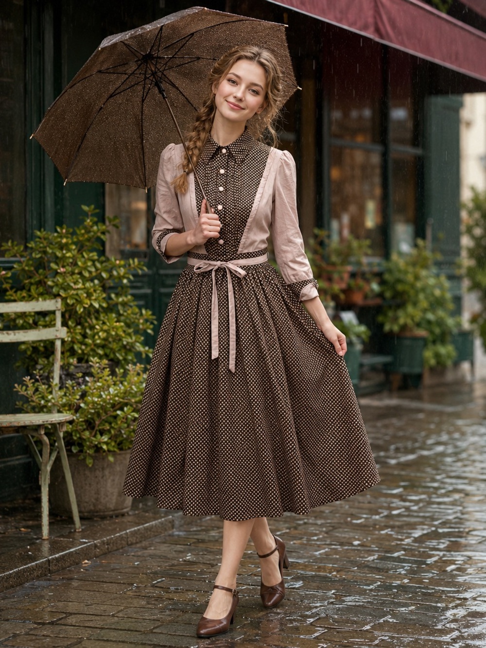 KEER QIAOWA Rare Vintage Dainty Prairie Belted Midi Dress XS/S